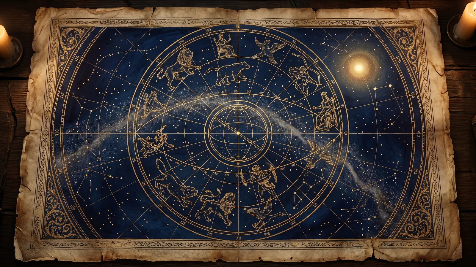 Antikvarinis dangaus žemėlapis ant pergamento su auksinėmis zodiako konsteliacijomis